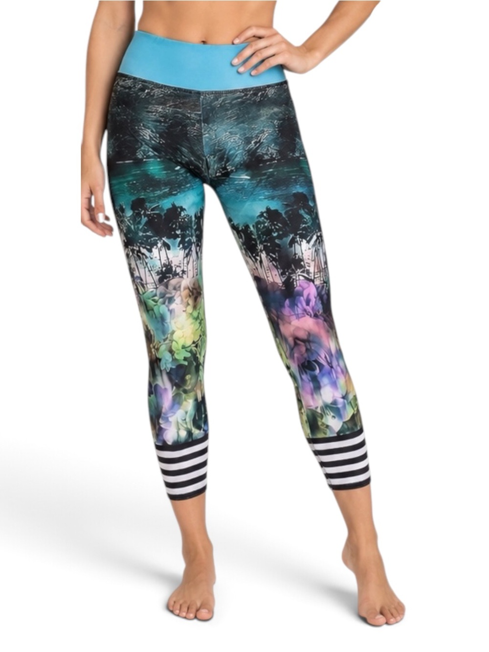 Onzie XS Palm Tree Tropical Print Crop Yoga Leggings Striped Activewear